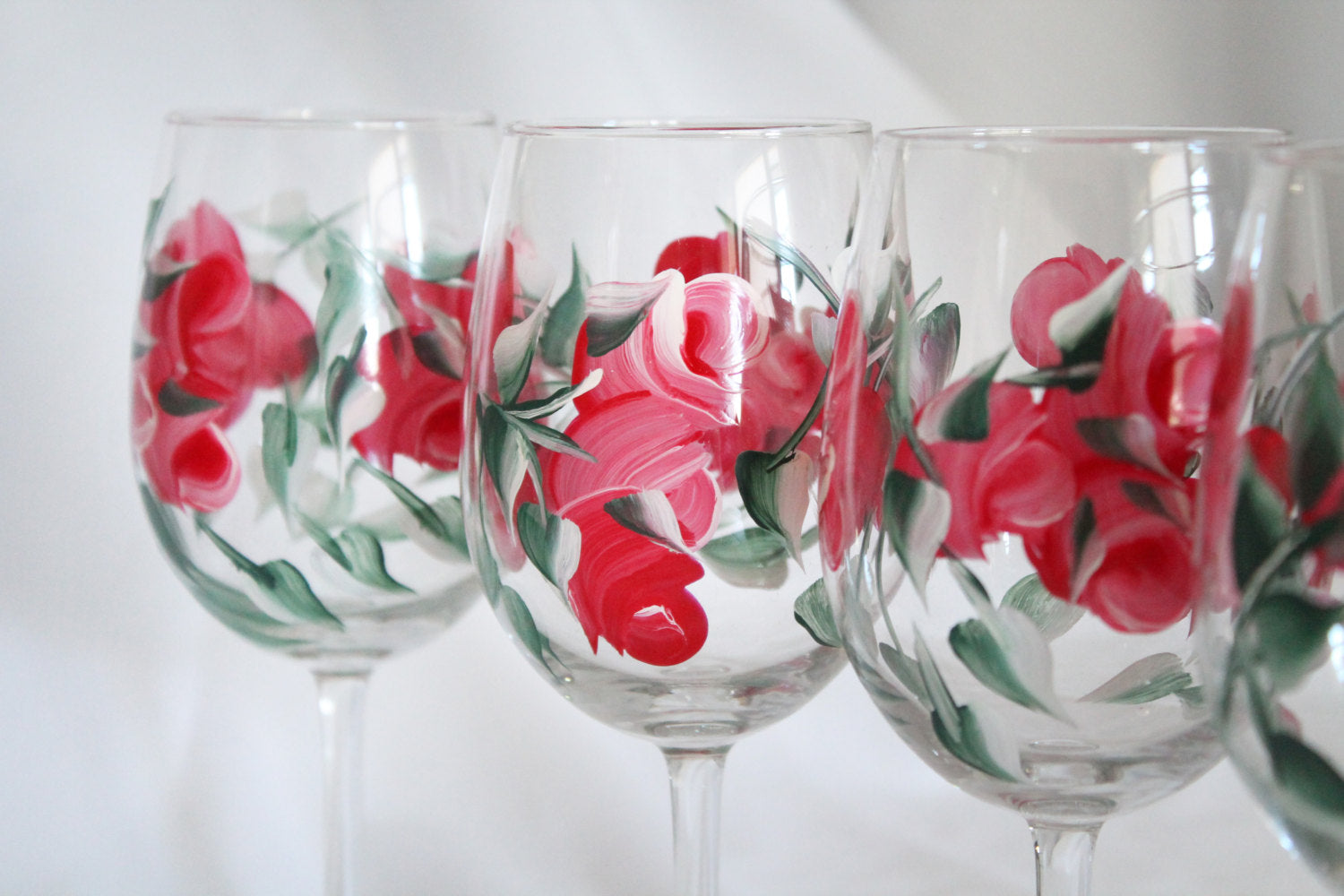 Red Rose Flower Stemmed Wine Glasses Set of 4 