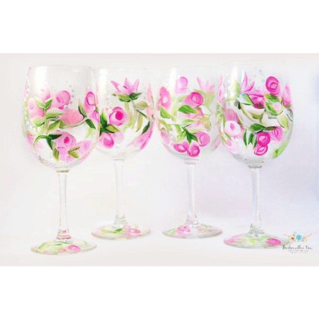 Pink Rose Flower Wine Glass Set of 4, Hand Painted Wine Glasses 