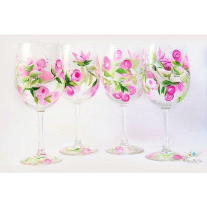 Pink Rose Flower Wine Glass Set of 4, Hand Painted Wine Glasses 