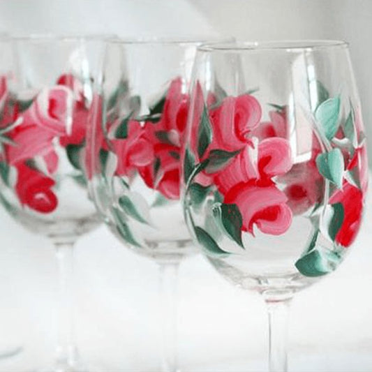 Hand Painted Red Rose Bud Wine Glasses, Set of 4 Stemmed Wine Glasses 