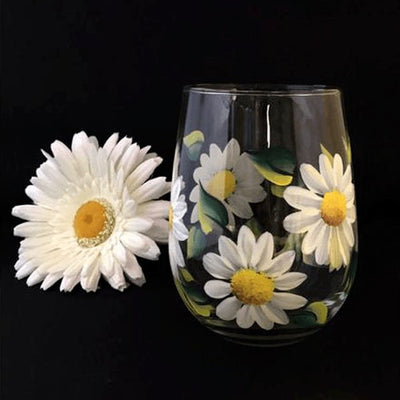White Daisy Stemless Wine Glass  - Brushes with a View