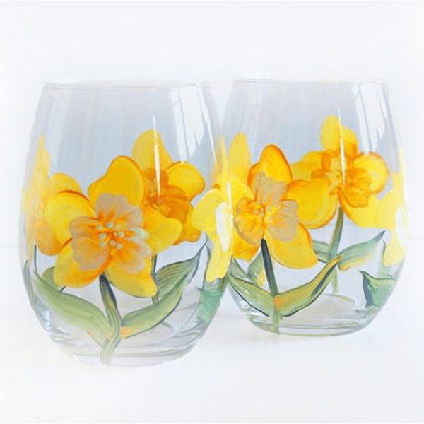 Yellow and White Flowers Daffodils Stemless Wine Glasses - Set of 2 