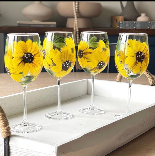 Sunflower Wine Glasses Set of 4, Sunflowers Gifts for Women , Wine Tumbler Cup Glass Set - Sunflower Gift for House