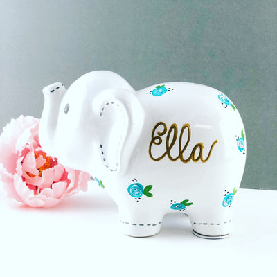 Personalized Elephant Piggy Bank with Teal Blue Flowers
