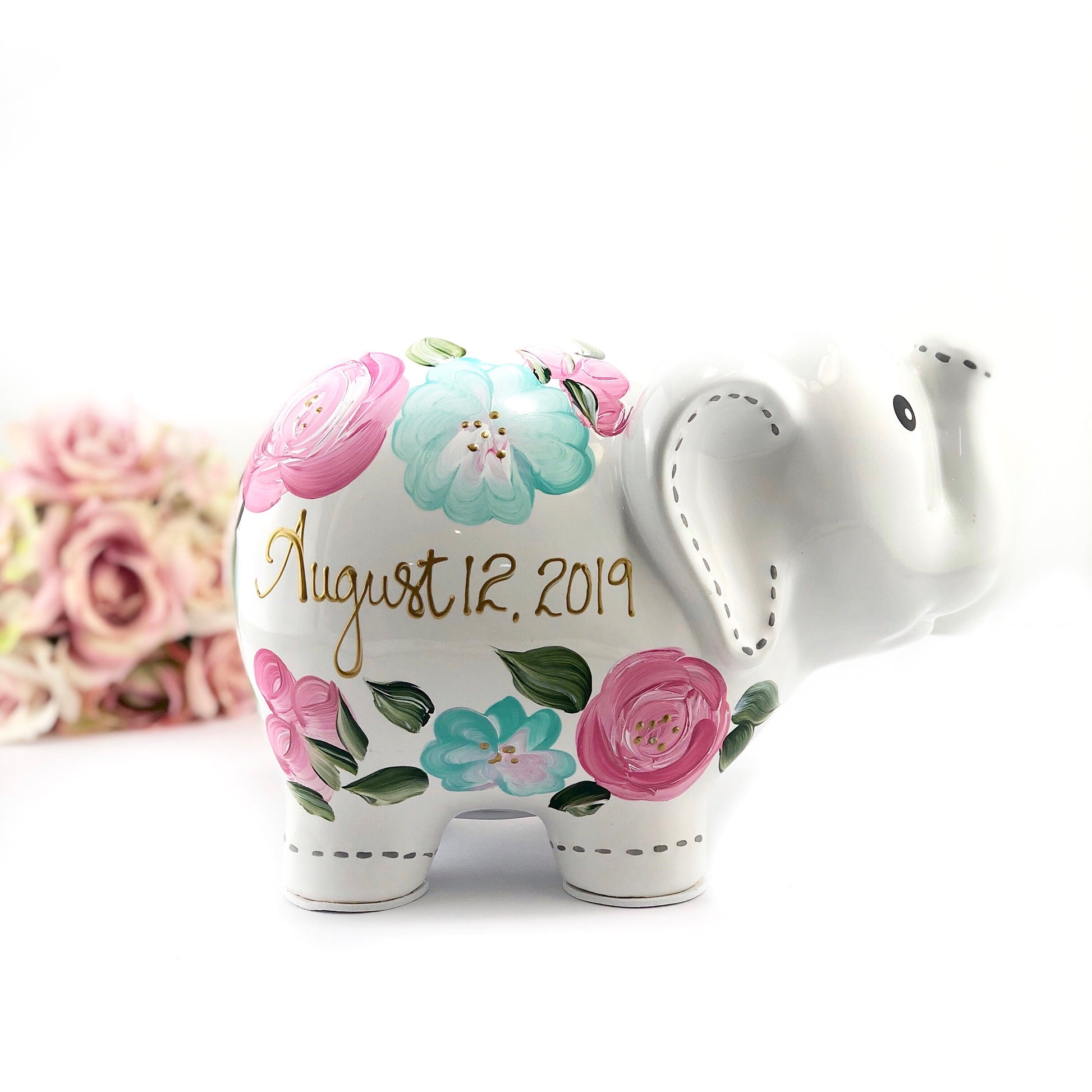Personalized Elephant Piggy Bank, Floral Baby Girl 