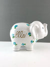 Personalized Elephant Piggy Bank with Teal Blue Flowers