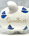 Hand Painted Personalized Sailboat Piggy Bank, Child's Large White Piggy Bank for Nautical Nursery