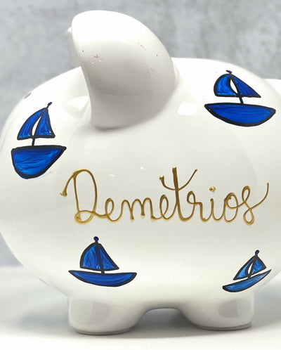 Hand Painted Personalized Sailboat Piggy Bank, Child's Large White Piggy Bank for Nautical Nursery