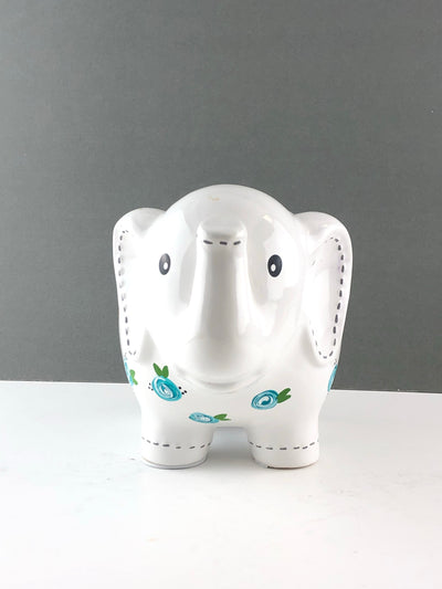 Personalized Elephant Piggy Bank with Teal Blue Flowers