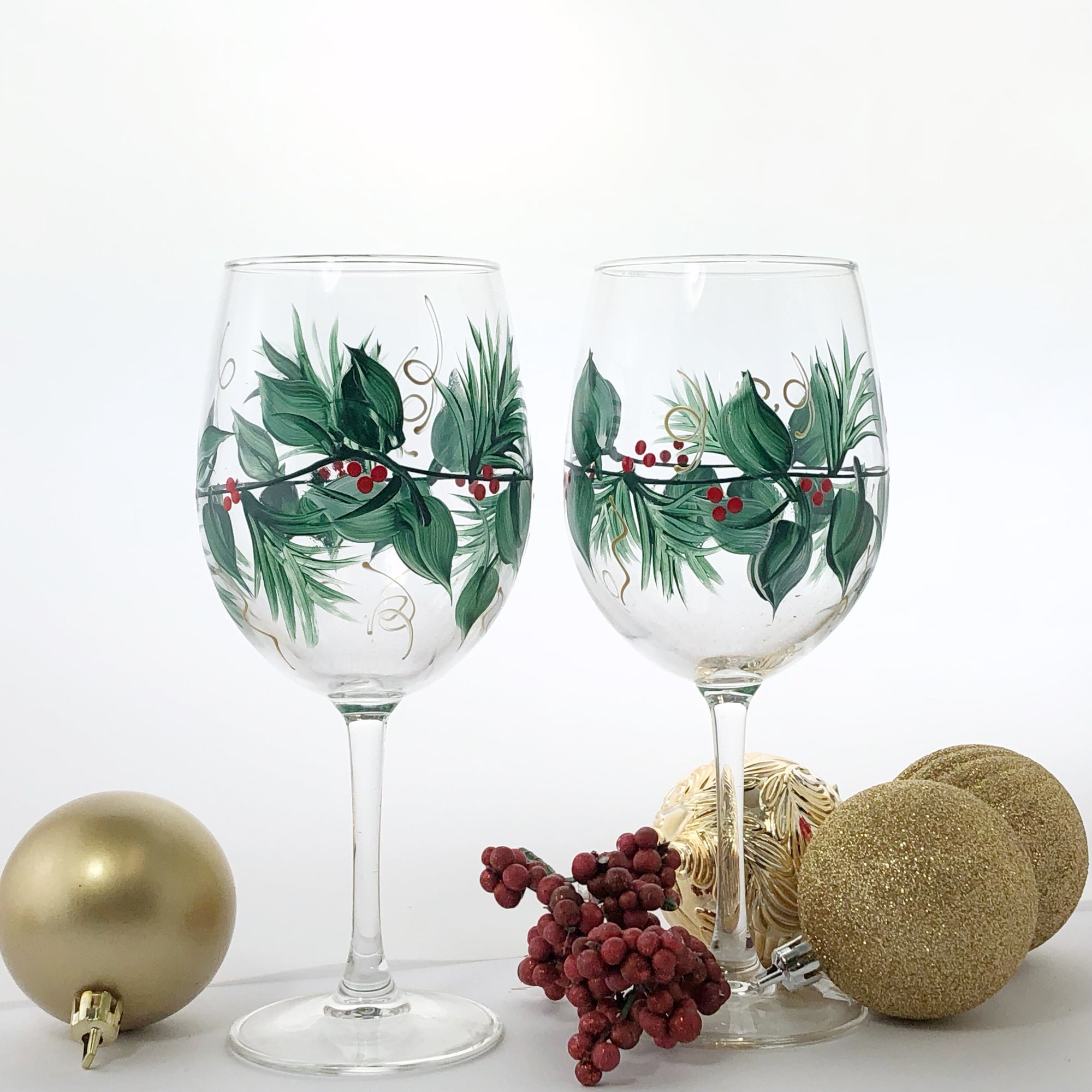 Christmas Wine Glasses -  Set of 2 Stemmed - Hand Painted 