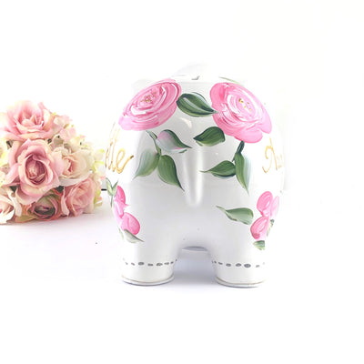 Personalized Elephant Piggy Bank, Floral Baby Girl