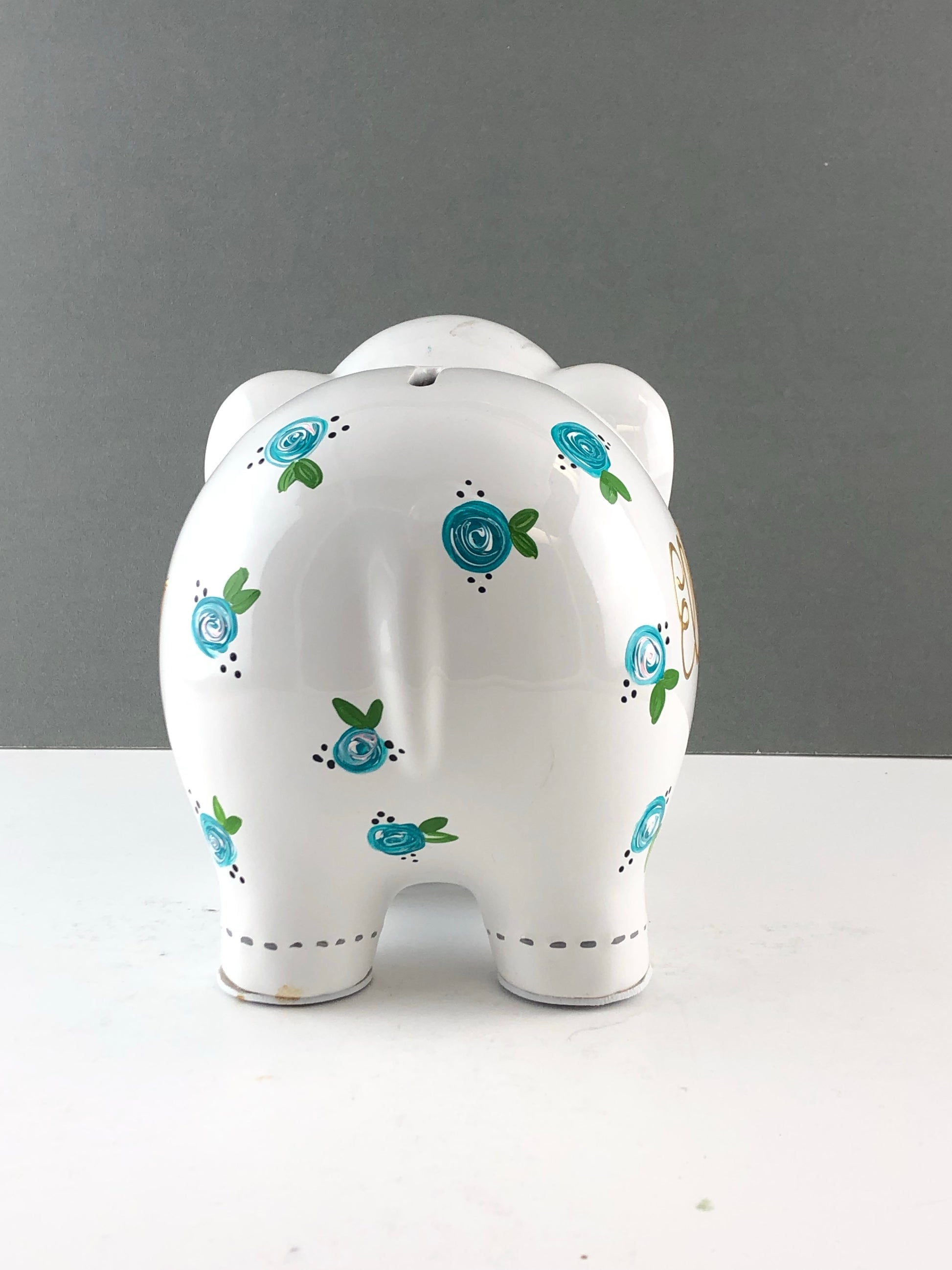 Personalized Elephant Piggy Bank with Teal Blue Flowers 