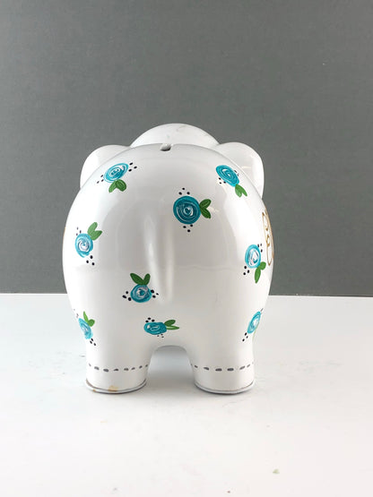 Personalized Elephant Piggy Bank with Teal Blue Flowers 