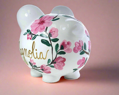 Personalized Pink Flower Piggy Bank, Large Ceramic