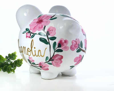 Personalized Pink Flower Piggy Bank, Large Ceramic