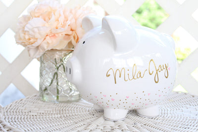 Personalized Hand Painted Piggy Bank with gold and pink hearts