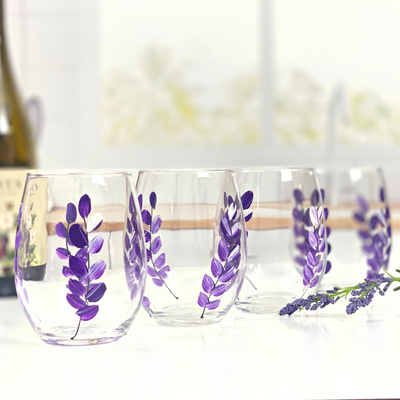 Hand Painted Lavender Flower Stemless Wine Glasses - Set of 4