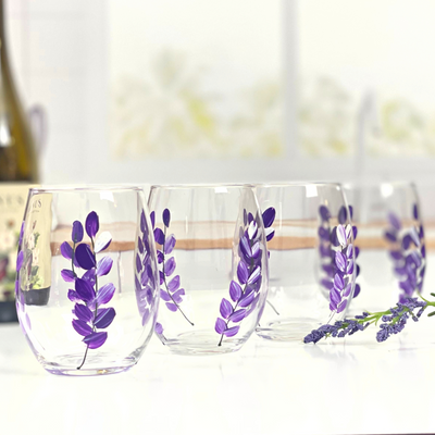 Hand Painted Lavender Flower Stemless Wine Glasses - Set of 4 - 15 ounce