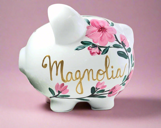 Personalized Pink Flower Piggy Bank, Large Ceramic 