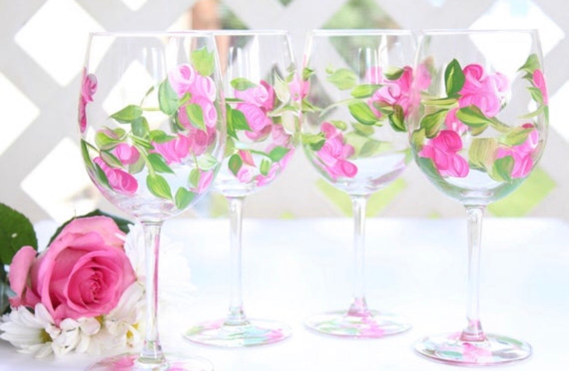 Pink Rose Flower Wine Glass Set of 4, Hand Painted Wine Glasses 