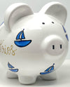 Hand Painted Personalized Sailboat Piggy Bank, Child's Large White Piggy Bank for Nautical Nursery