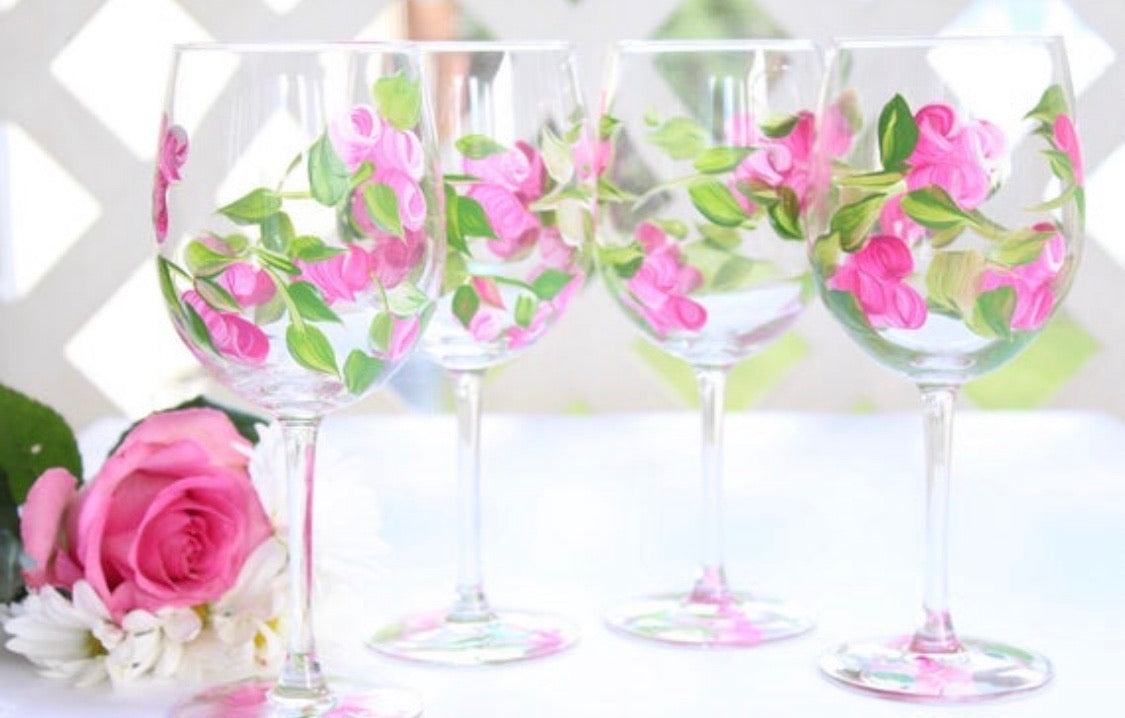 Pink Rose Flower Wine Glass Set of 4, Hand Painted Wine Glasses 