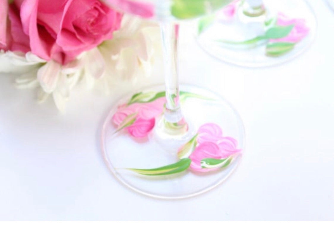 Pink Rose Flower Wine Glass Set of 4, Hand Painted Wine Glasses 