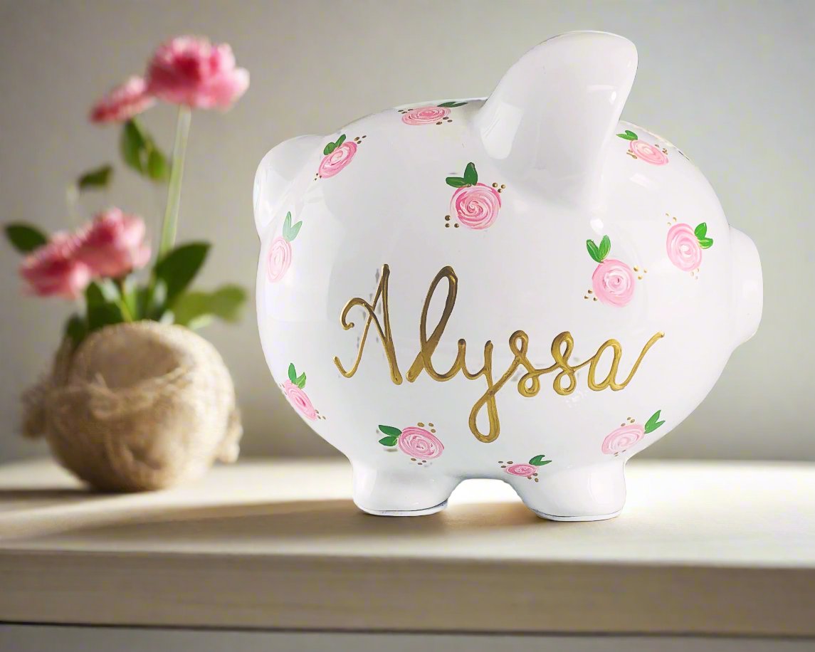 Large Personalized Piggy Bank For Girls - Pink Flowers 