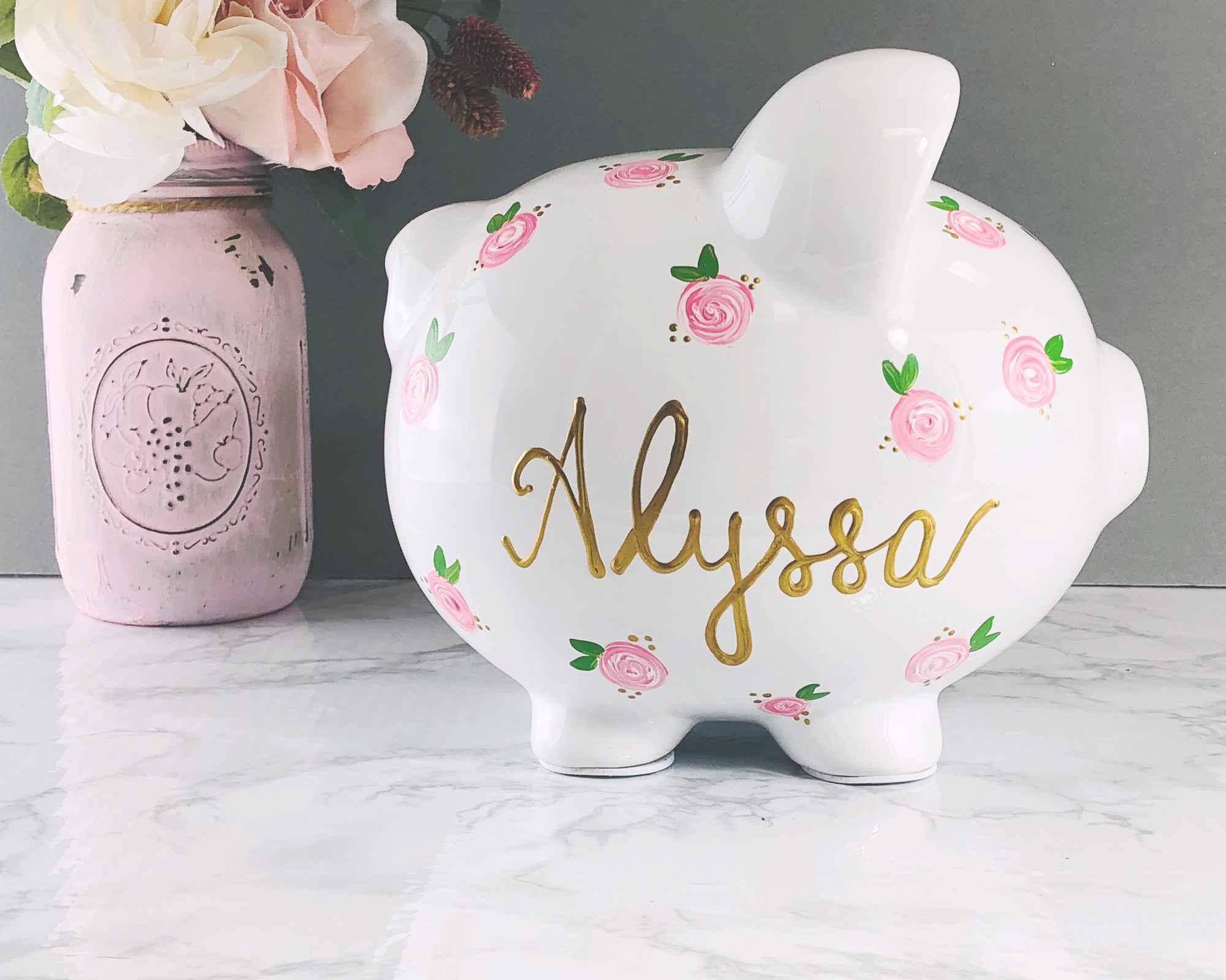 Large Personalized Piggy Bank For Girls - Pink Flowers 