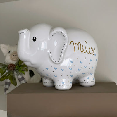 elephant piggy bank light blue hearts