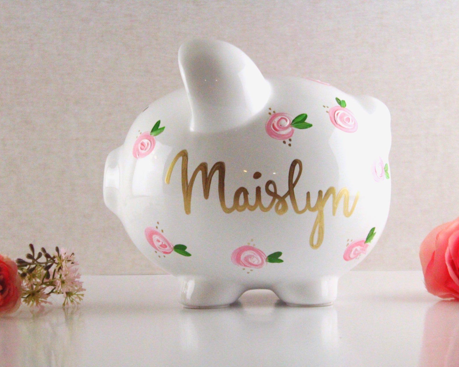 Hand painted piggy bank for girls personalized 