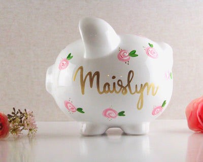 Large Personalized Piggy Bank For Girls - Pink Flowers