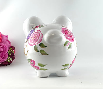 Personalized  Piggy Bank, Floral Baby Girl - Brushes with a View