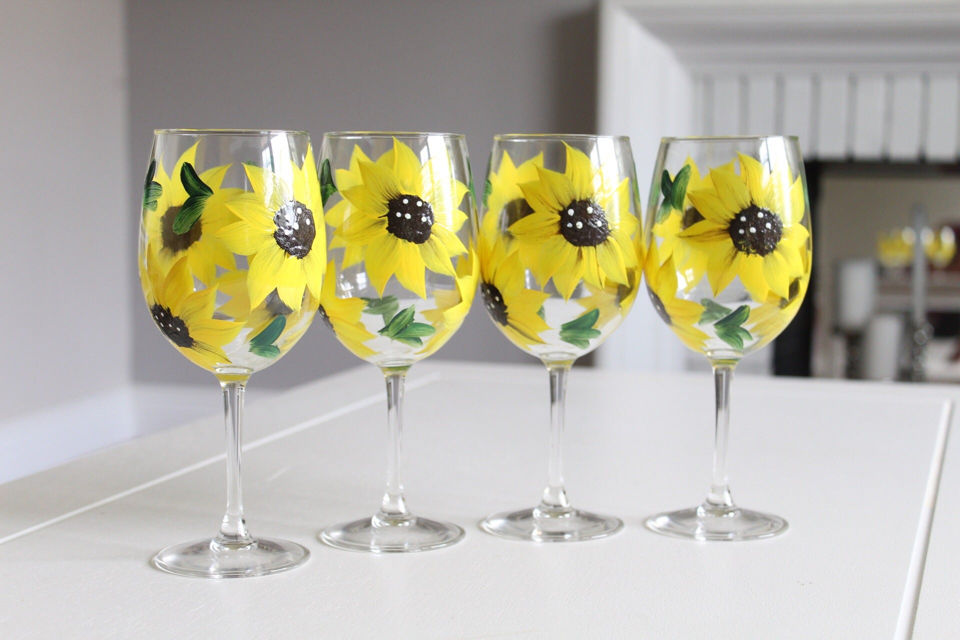 Sunflower Wine Glasses, Set of 4 Hand  Painted 