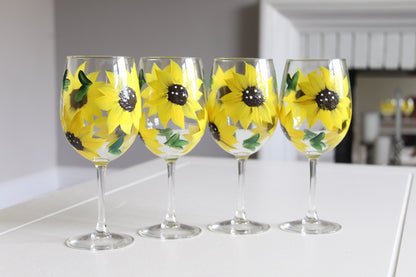 Sunflower Wine Glasses, Set of 4 Hand  Painted 