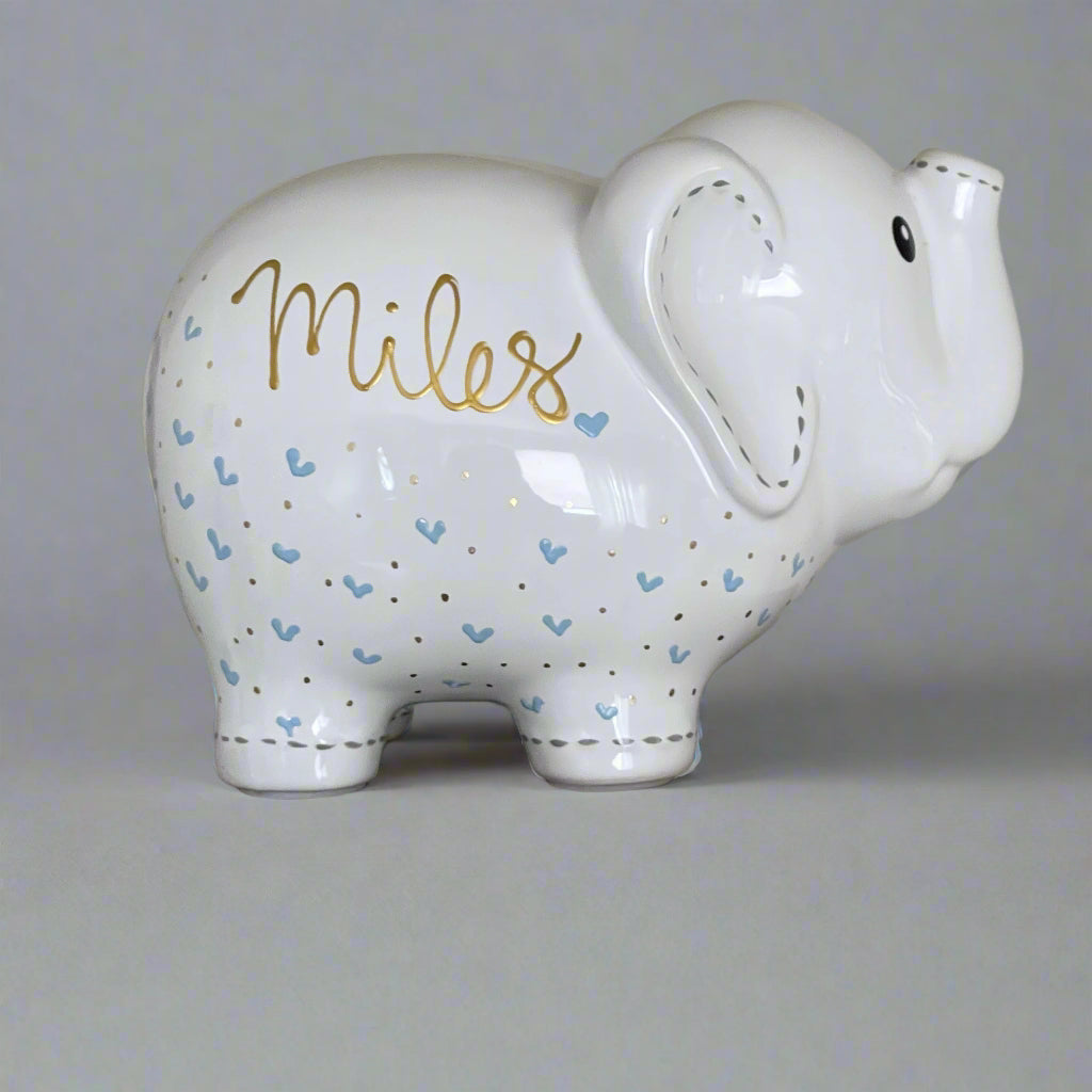 Personalized Elephant Piggy Bank with light blue