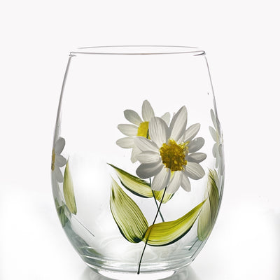 Stemless Wine Glasses - Set of 4 Glasses - Rose Buds  Sunflower, Lavender, Daisies  Glassware