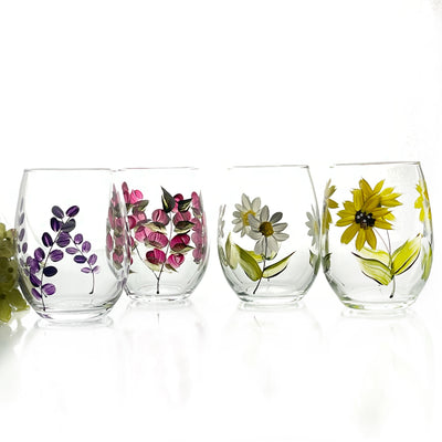 Stemless Wine Glasses - Set of 4 Glasses - Rose Buds  Sunflower, Lavender, Daisies  Glassware