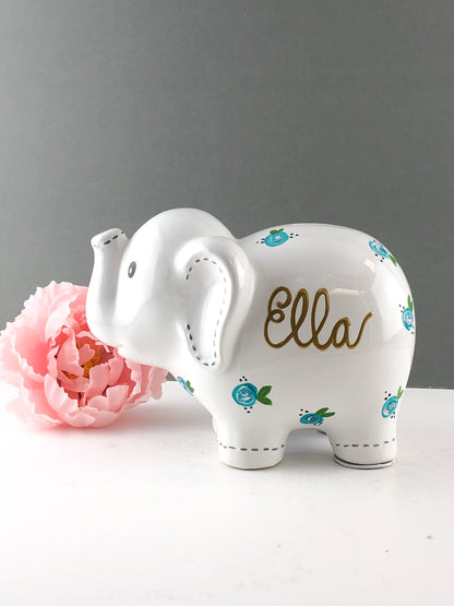 Personalized Elephant Piggy Bank with Teal Blue Flowers 