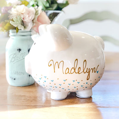 Personalized Hand Painted Piggy Bank with gold and pink hearts