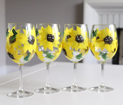 Sunflower Wine Glasses, Set of 4 Hand  Painted