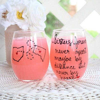 Sisters forever never apart quote wine glass