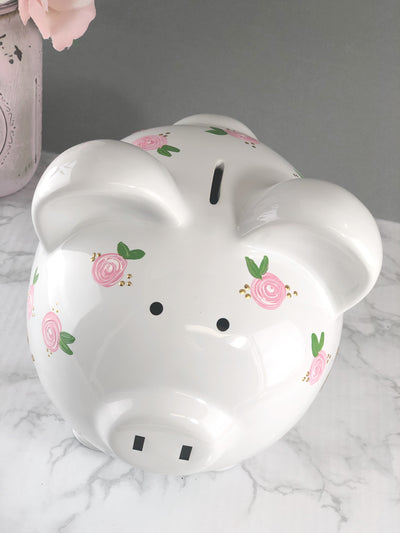 Large Personalized Piggy Bank For Girls Pink Flowers