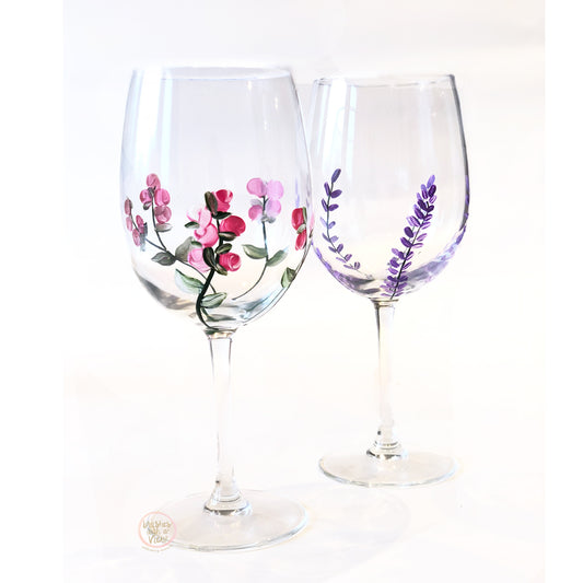 Hand Painted Lavender Stemmed Wine Glasses Set of 2 Purple Lavender Flower and Pink Rose buds 