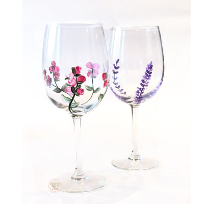 Hand Painted Lavender Stemmed Wine Glasses Set of 2 Purple Lavender Flower and Pink Rose buds