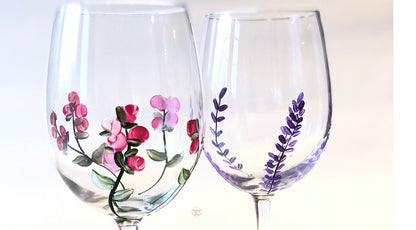Hand Painted Lavender Stemmed Wine Glasses Set of 2 Purple Lavender Flower and Pink Rose buds 