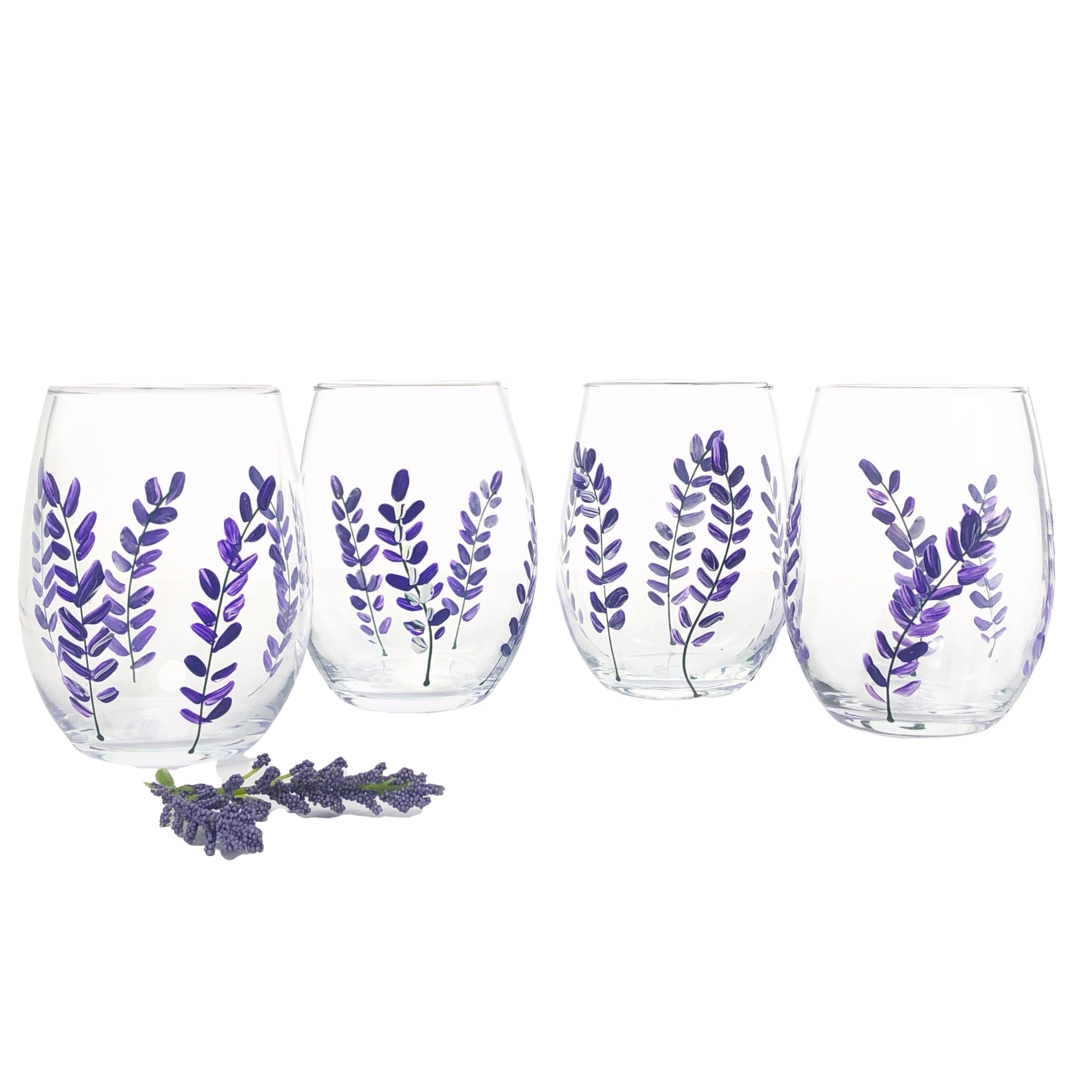 Hand Painted Lavender Flower Stemless Wine Glasses - Set of 4