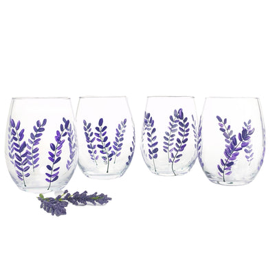 Lavender flower Stemless Wine Glasses -  Set of 4 - Hand Painted