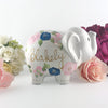 Hand Painted Elephant Piggy Bank with Light Pink and Navy Blue Flowers