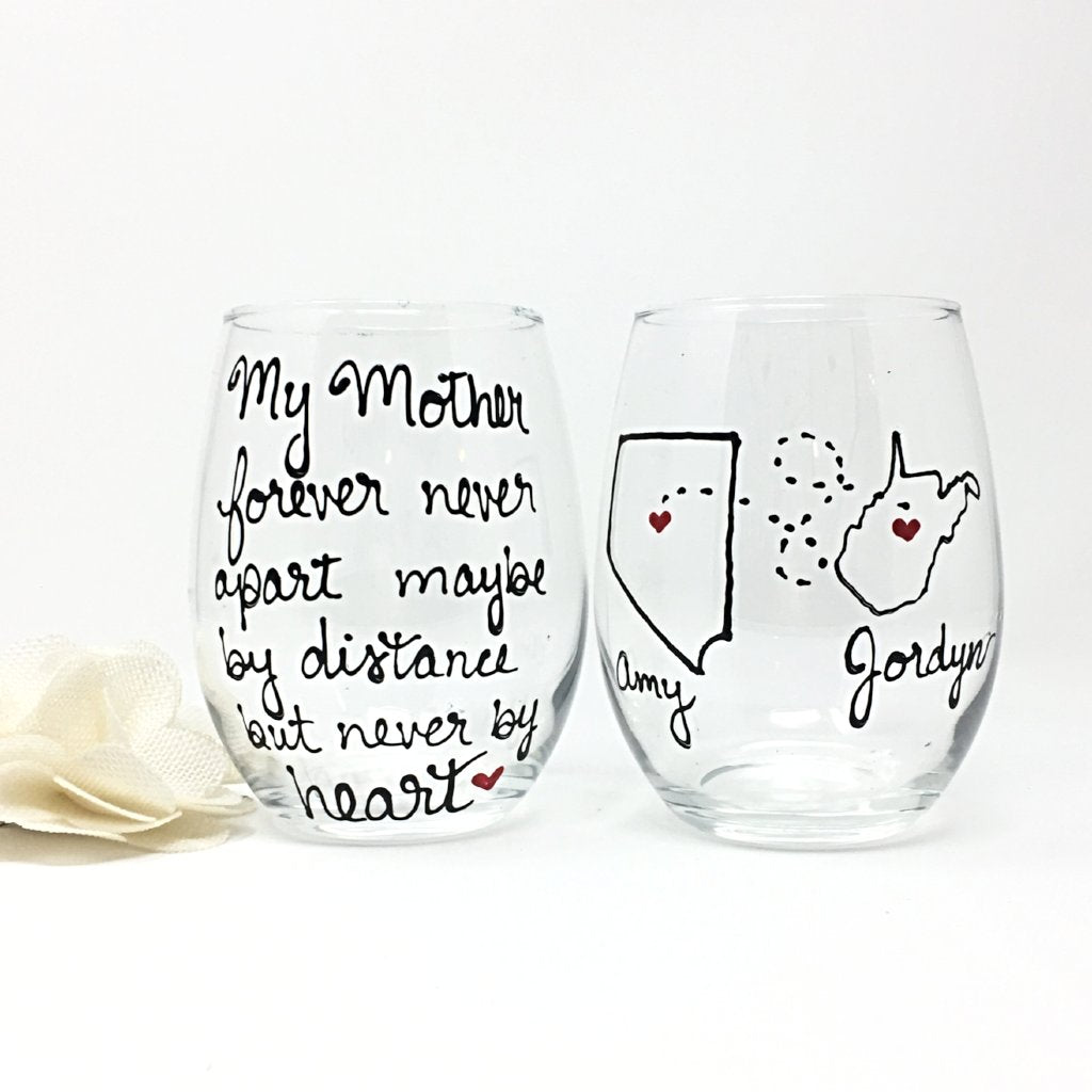 My mother forever never part,  Hand Painted, Stemless 21 oz. Wine Glass 